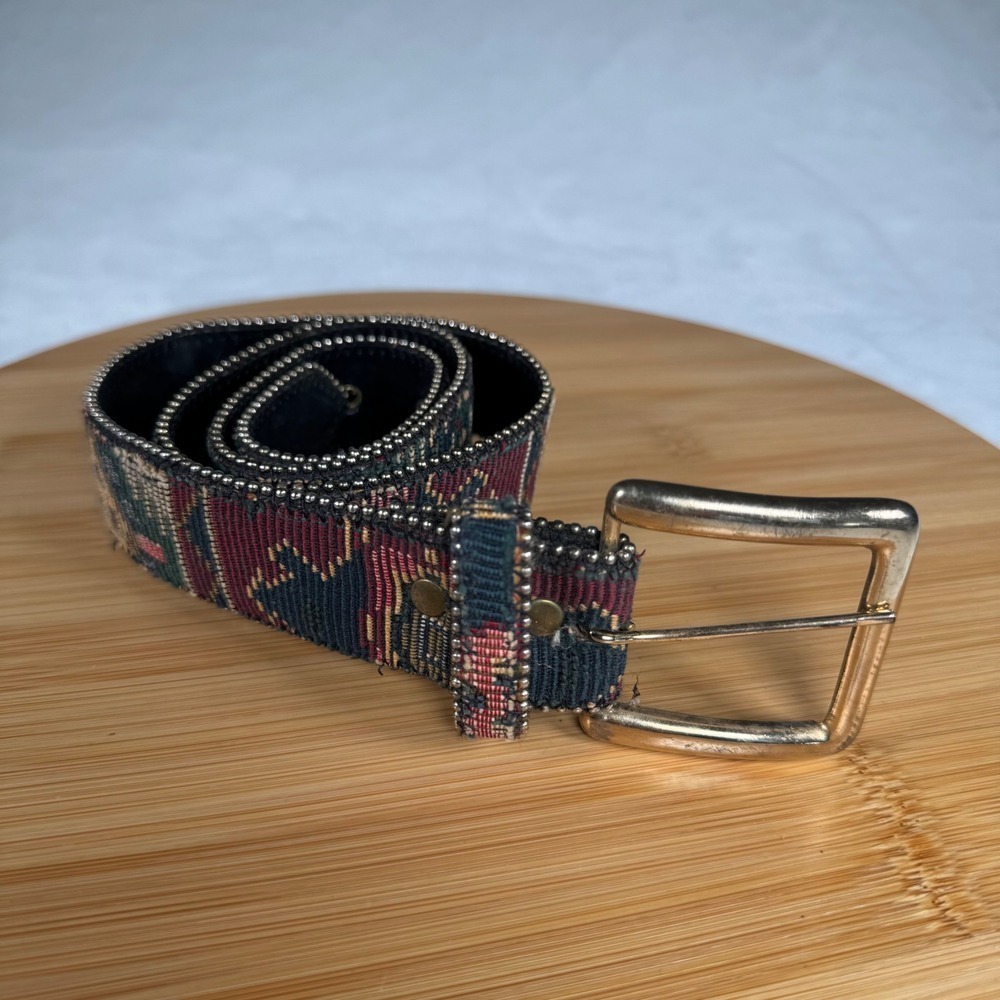 Vintage Absolutely Fresh Woven Tapestry Belt Womens Gold Buckle 33.5in Bohemian